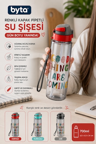 700 Ml Pipetli Su Matarası Kilitli Kapaklı Sızdırmaz Tritan Matara Taşıma Askılı Bpa Free Gri-kırmızı Siyah