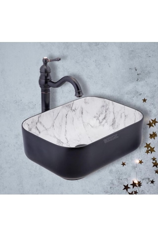 Boheme Scope 50 Cm Mat Siyah Calacatta Tezgah Üstü Çanak Lavabo Şık Tasarım Krom