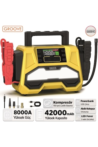 Groove F05 42000mah 8000a Akü Takviye Cihazı +lastik Şişirme Kompresörlü Taşınabilir Jump Starter+pd 30w Hızlı Şarj Kompresör+powerbank+led Lamba+lcd Ekran
