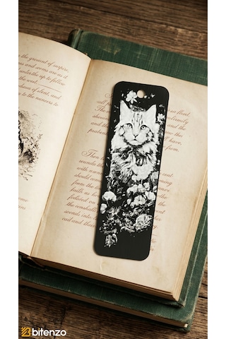 Sanatsal Kedi Ve Çiçek Figürlü Kabartma Dokulu Kitap Ayracı - Mat Siyah Şık Kitap Aksesuarı