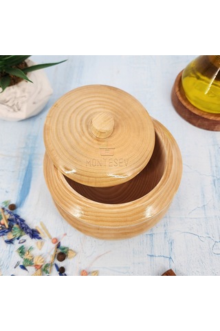 Ahşap Kapaklı Şekerlik Tuzluk Baharatlık Çerezlik Kase Naturel 1