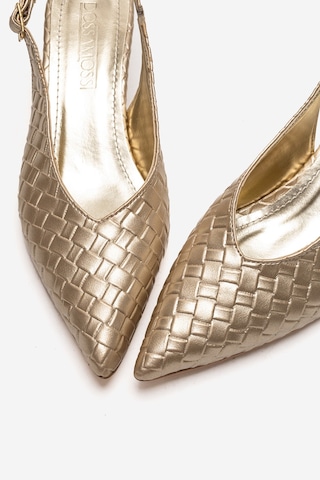 Alewomen Gold Hasır Sivri Burun Arka Açık 4 Cm Topuk Boyu Gormi Stiletto Kadın Ayakkabı Altın Hasır