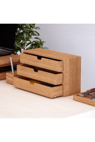 Desna Üç Katlı Üç Çekmeceli Mini Dolap 34 Cm Uzunluk X 12.1 Cm Genişlik X 20 Cm Woodsaka Doğal Ahşap
