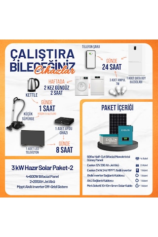 3 Kw Hazır Solar Paket - 2 4x600w Bifacial Panel + 2x200ah Jel Akü + Mppt Akıllı Inverter Off-grid Güneş Enerji Sistemi