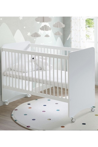 BW1025 - Pratik Kademeli Tekerlekli Bebek Beşik Beyaz 60x120 Beyaz