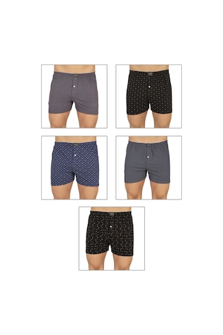 Kompedan Erkek 5'Li Paket Havlu Bel Pamuklu Düğmeli Desenli Boxer 11112-Desenli
