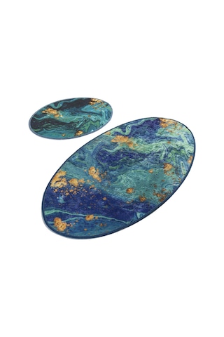 Marblıng Djt 2 Lı Set Banyo Halısı Paspas Mavi