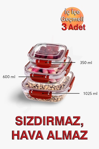 Lock&fresh Master Kare Saklama Kabı 350, 600, 1025 Ml Üçlü Set Kırmızı