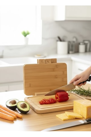3 Lü Bambu Kesme Tahtası Seti Mutfak Doğrama & Sunum Tahtası Açık Kahverengi