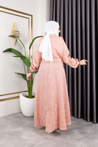 Hira Life Fashion Kadın Pudra Tesettür Giyim Gömlek Detaylı Çizgili Viskon Kıraş Elbise Ikili Takım Pudra Pudra