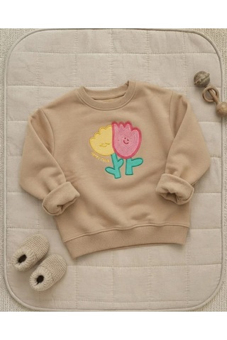 Tuffy Kız Bebek Latte Renkli Fluffy Lale Motifli Sweatshirt Bej