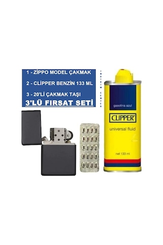 Zippo Siyah Çakmak + Clipper Benzin 133 Ml + 20 Li Çakmak Taşı