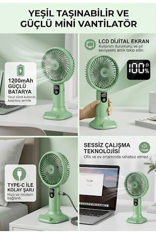 Şarjlı Standlı Güçlü El Fanı Masaüstü Mini Vantilatör 1200mah 5 Kademe Hız Ayarı Dijital Gös