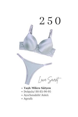 Murays Kadın 3lü Taşlı Mikro Sütyen Takım Gri/kırmızı/pembe