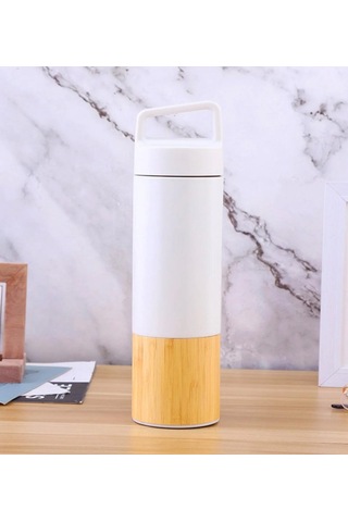 Beyaz & Bambu Detaylı Termos 600 Ml