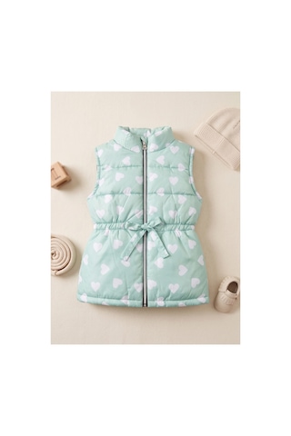 Deniva Kids Kız Çocuk Mint Yeşili Kalp Desenli Beli Fermuarlı Şişme Yelek