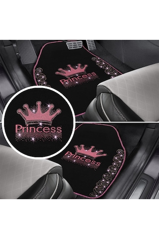 Işıltıya Hazır Ol, Bu Yol Senin Pembe Taşlı Prenses Taç Desenli 5 Li Nakışlı Oto Halı Paspas Seti