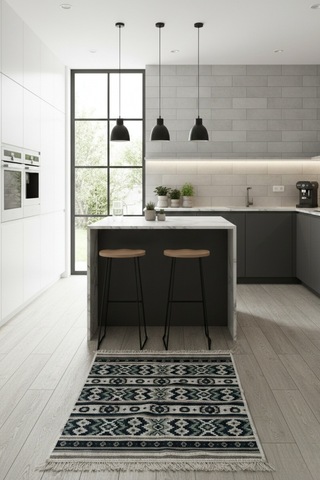 Minimal Lacivert Modern Desen Çift Taraflı Makinede Yıkanabilir Ev İçi & Dış Mekan Uyumlu Kilim Renkli
