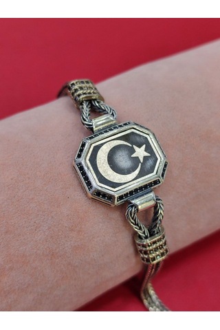 Modagümüşevi 925 Ayar Gümüş Ay Yıldızlı El Yapımı Hasır Bileklik, Ayyıldızlı Erkek Bileklik