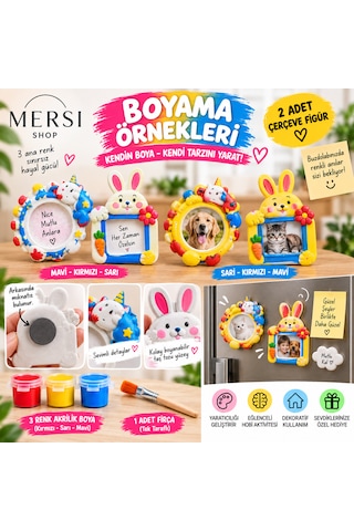 2 Li Kendin Boya Taş Tozu Magnet Seti Tavşanlı Çerçeve Figürleri Boyama Hobi Seti