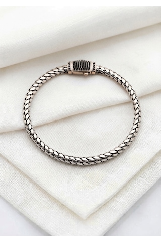 925 Ayar Gümüş Füzyon Erkek Bileklik Künye - 20 Cm X 6 Mm Kalınlık