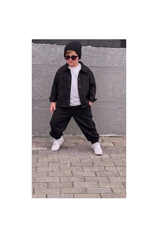 Toikids Erkek Çocuk Gabardin Gömlek Yaka Ceketli Jogger Pantolonlu 2'li Takım Siyah