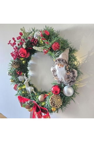 El Yapımı Led Işıklı Yılbaşı Kapı Süsü - Premium Yeni Yıl Kapı Dekoru - Noel Baba & Geyik Figürlü - Işıltılı Kırmızı Yeşil Tasarım - Hediyelik Yılbaşı