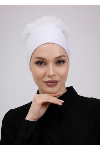 Alivascarf Fırfırlı Dikişsiz Penye Bone - Kadın Tesettür Bağlamalı Topuz İç Bone Ekru