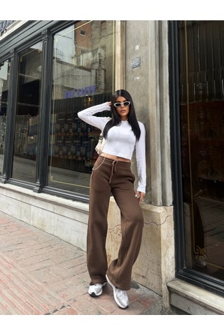 Out Of Standart Kadın Wide-leg Kalıp Beli Lastikli Kordon Detaylı Eşofman Altı Kahve
