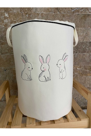 Hs Hometex Tavşan Nakışlı Bez Kirli & Oyuncak Sepeti Krem