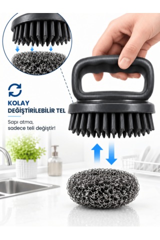 20gr Tutma Saplı Bulaşık Teli Ergonomik Saplı Paslanmaz Çelik Ovma Teli Yedek Tel Hediyeli