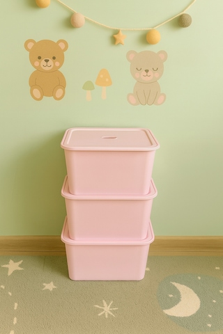 3 Adet Pembe Kapaklı Derin Oyuncak Ve Eşya Saklama Kutusu Polipropilen Plastik 3'lü Sepet Seti Pembe