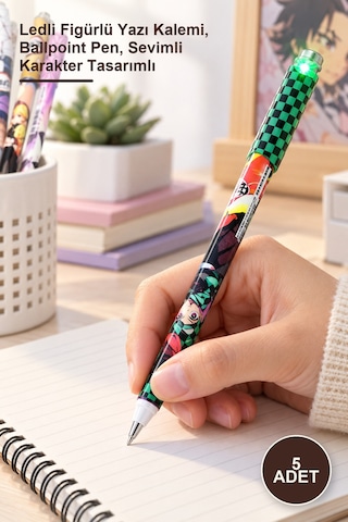 5 Adet Anime Figür Tükenmez Kalem Ledli Figürlü Yazı Kalemi, Ballpoint Pen, Sevimli Karakter Tasarımlı