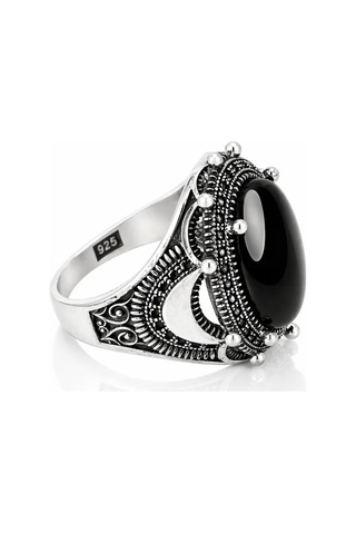 Nur Silver Oval Siyah Oniks Erkek Yüzük 925 Ayar Gümüş Yüzük - Nur-yz83520