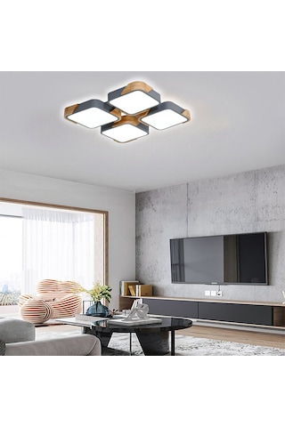 Kare Antrasit Kumandalı Dimli 3 Işık Renkli Ahşaplı 50x50cm Led T Anrasit