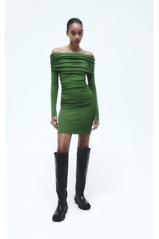 Kadın Madonna Mendil Yaka Fırsat Ürün Büzgülü Mini Elbise Yeşil