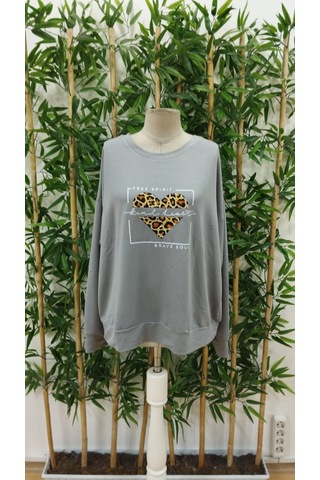 Reka Moda Kadın Uzun Kollu Bisiklet Yaka Desenli Viskon Iki Iplik Bluz Gri