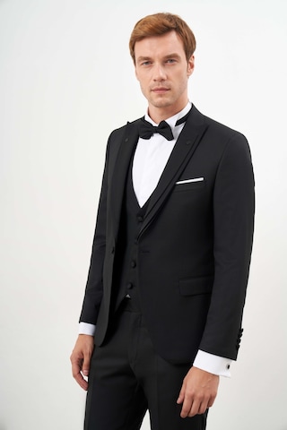 Morven Erkek Siyah Poliviskon Ceromonia Jakar Desen Slim Fit Sivri Çıkma Yaka Damatlık 24mc055018001 Siyah