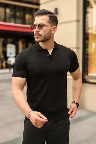 Valensdesign Erkek Düğmeli Yaka Pamuk Triko Tişört Siyah
