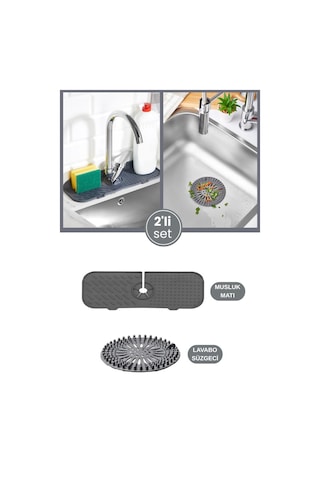 2 Li Lavabo Matı Ve Süzgeç Seti, Musluk Sünger Matı + Süzgeçli Banyo Küvet Evye Tıkacı Gider Kapağı Gri