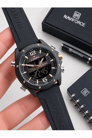 Naviforce Silokon Kordon Dijital & Analoğ Mekanizma Bileklik Hediyeli 3 Atm Erkek Kol Saati Nf9264.1 Siyah