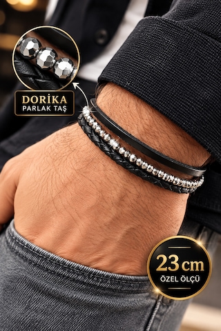 %100 Deri&dorika Taşlı Kalın Bilekli Erkeklere Özel Üretimimiz Net 23cm Siyah - Gümüş Gümüş - Siyah