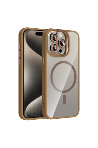 Apple Uyumlu iPhone 15 Pro Max Kılıf Standlı Ve Kamera Lens li M-safe Şarj Özellikli Zore Etro Kapak Desert Titanyum