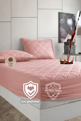 %100 Pamuk Renkli Kapitone Sıvı Geçirmez Alez Çarşaf - Pembe