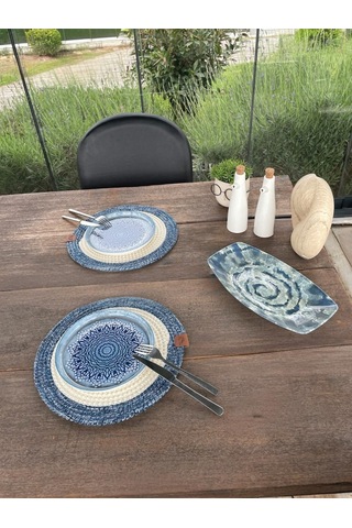 2 Kişilik Yuvarlak Amerikan Servis Leke Tutmaz - Supla Mavi/beyaz 33x33 Cm Beyaz/mavi
