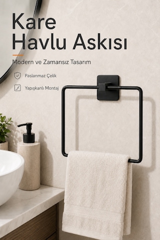 Paslanmaz Çelik Kare Yapışkanlı Siyah Kare Havluluk Banyo Askılığı