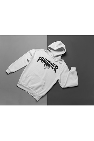 Sevbano Punisher Baskılı Unisex Oversize Hoodie Beyaz