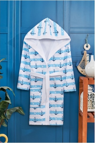 Çapa Desen Dijital Baskılı Genç Çocuk Bornozu Mavi - Beyaz