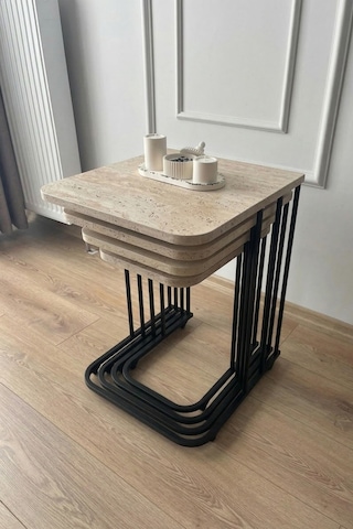 Renlife Zigon Sehpa Takımı 4'lü Metal Tekerlekli Modern Salon Oturma Odası Sehpası Siyah Traverten