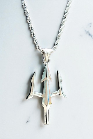Ak Store Silver Gümüş Kaplama Krom-Çelik Erkek Kolye Madalyon Poseidon Mızrak Gümüş